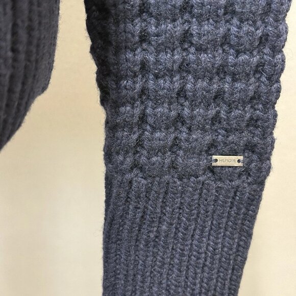 Tommy Hilfiger Waffle Chunky Knit Wool Bld Cardigan Womens L Sweater Collar Hood - Picture 7 of 11